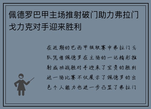 佩德罗巴甲主场推射破门助力弗拉门戈力克对手迎来胜利