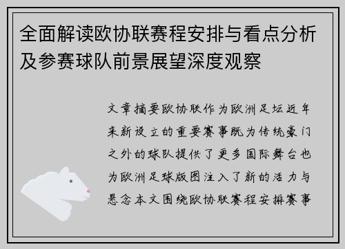 全面解读欧协联赛程安排与看点分析及参赛球队前景展望深度观察