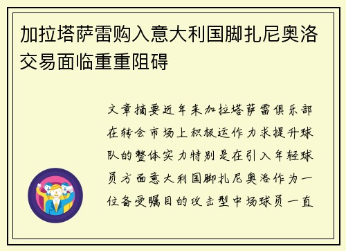 加拉塔萨雷购入意大利国脚扎尼奥洛交易面临重重阻碍