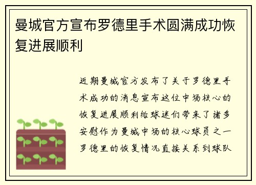 曼城官方宣布罗德里手术圆满成功恢复进展顺利