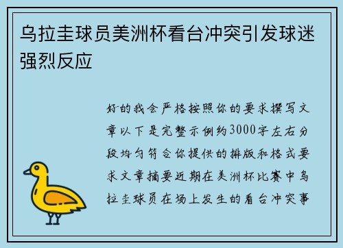 乌拉圭球员美洲杯看台冲突引发球迷强烈反应